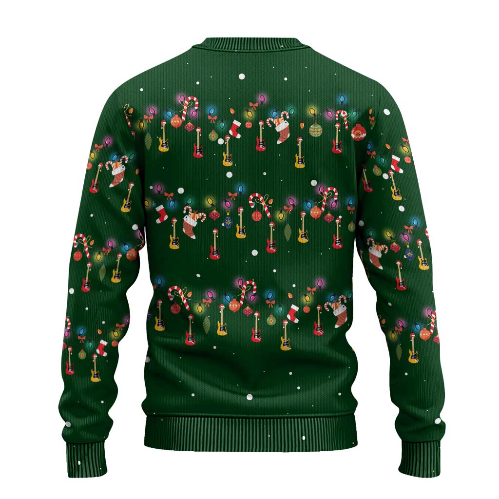 Ornaments on Green Snowy Background Ugly Christmas Sweater with Electric Guitars Santa Candy Canes - Wonder Print Shop