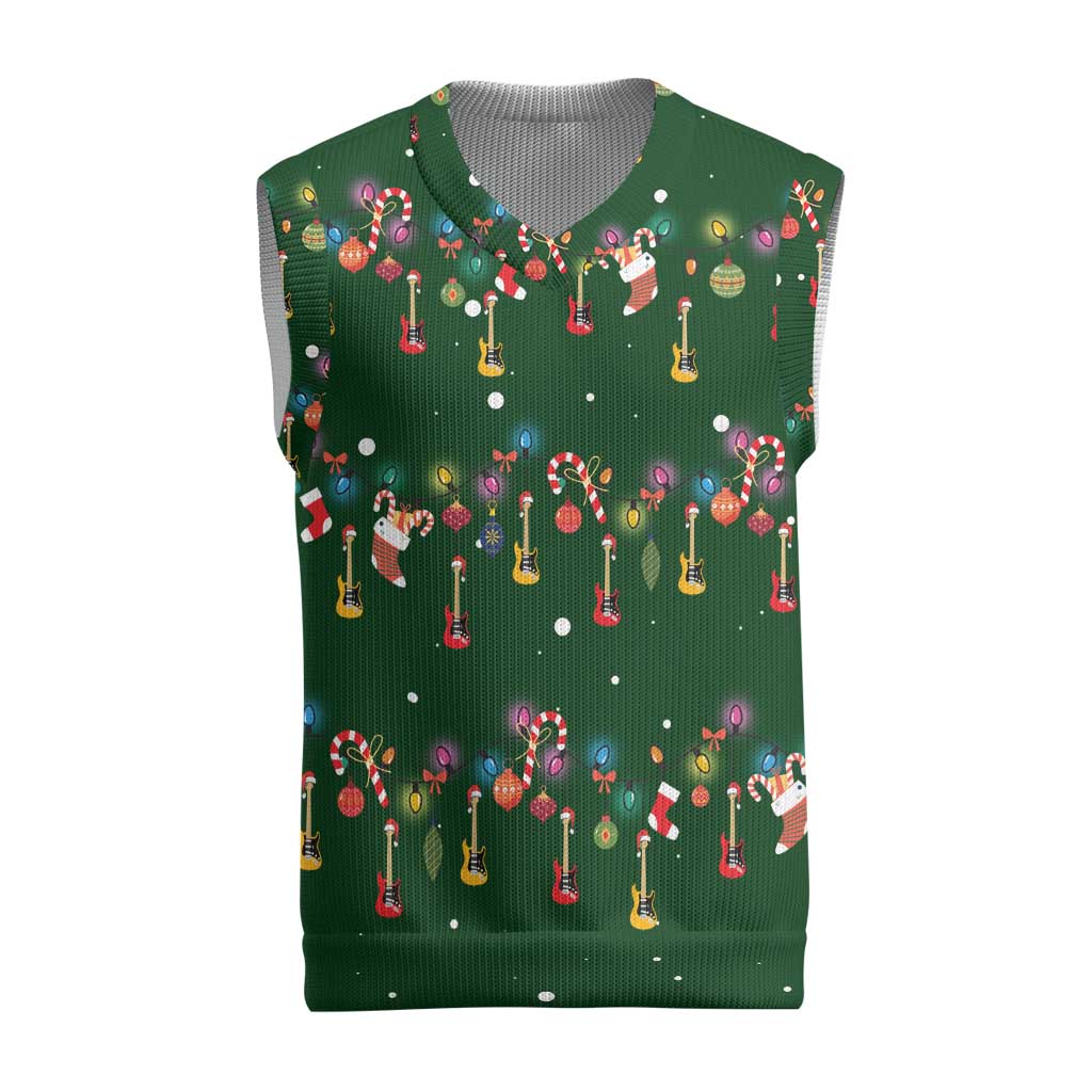 Ornaments on Green Snowy Background Christmas Knitted V-Neck Vest with Electric Guitars Santa Candy Canes - Wonder Print Shop