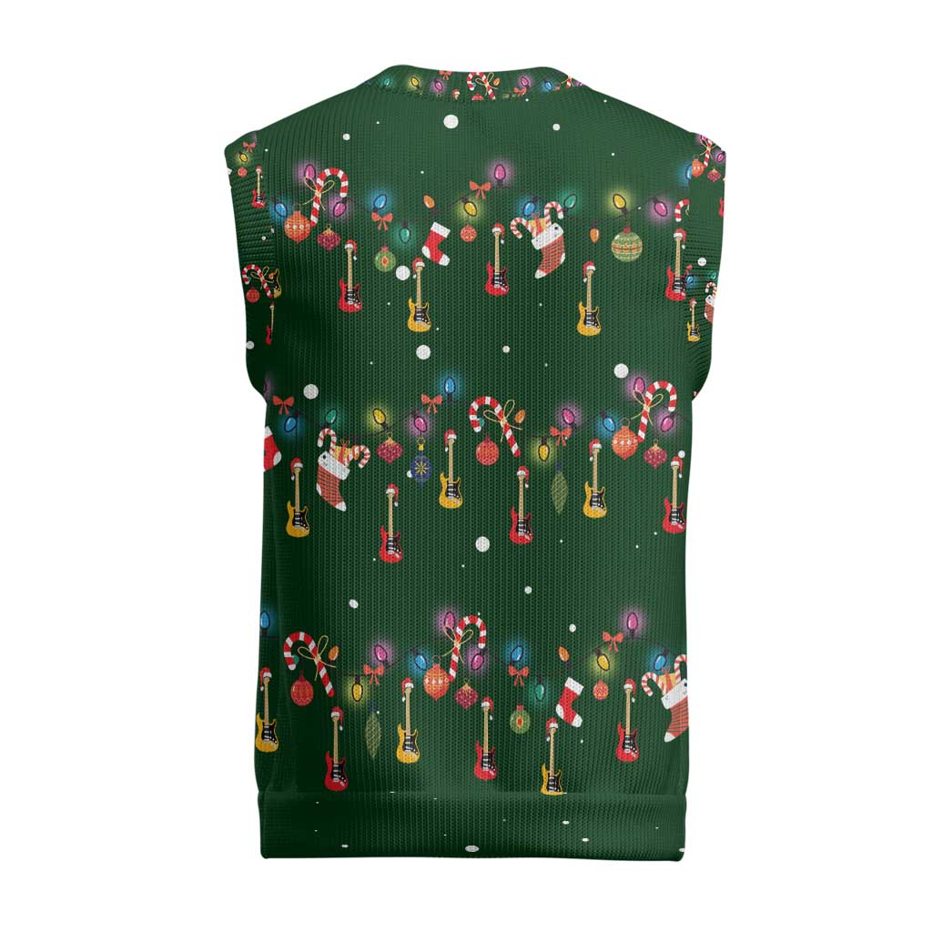 Ornaments on Green Snowy Background Christmas Knitted V-Neck Vest with Electric Guitars Santa Candy Canes - Wonder Print Shop