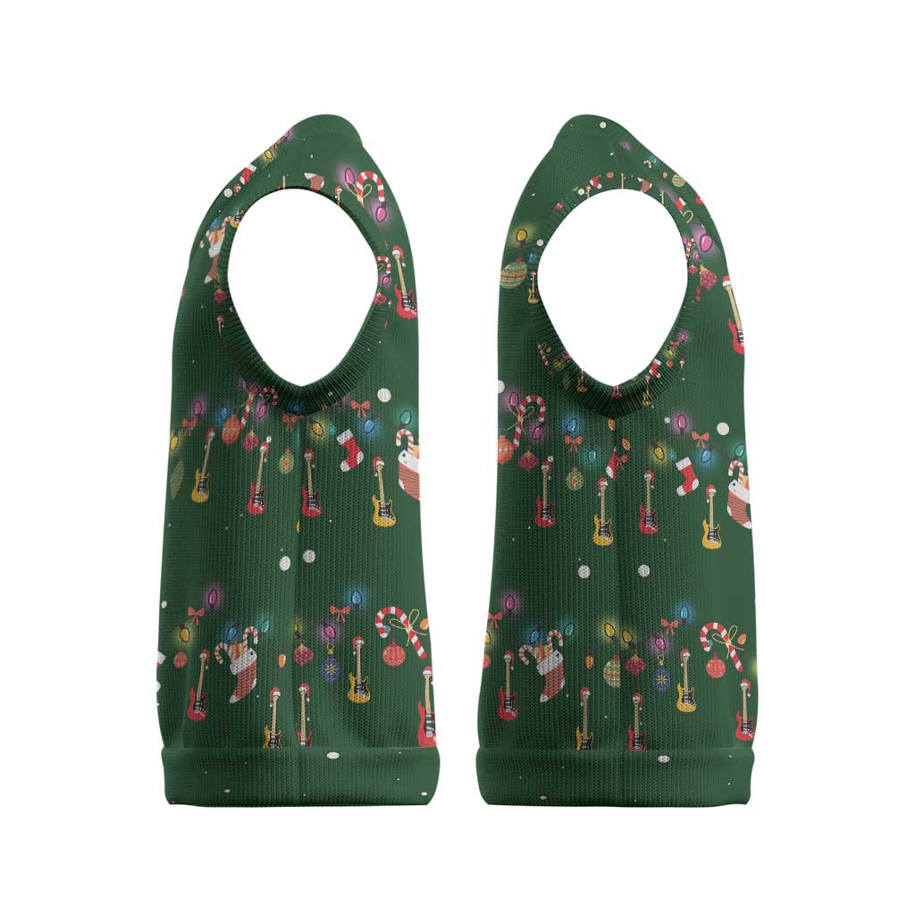 Ornaments on Green Snowy Background Christmas Knitted V-Neck Vest with Electric Guitars Santa Candy Canes - Wonder Print Shop