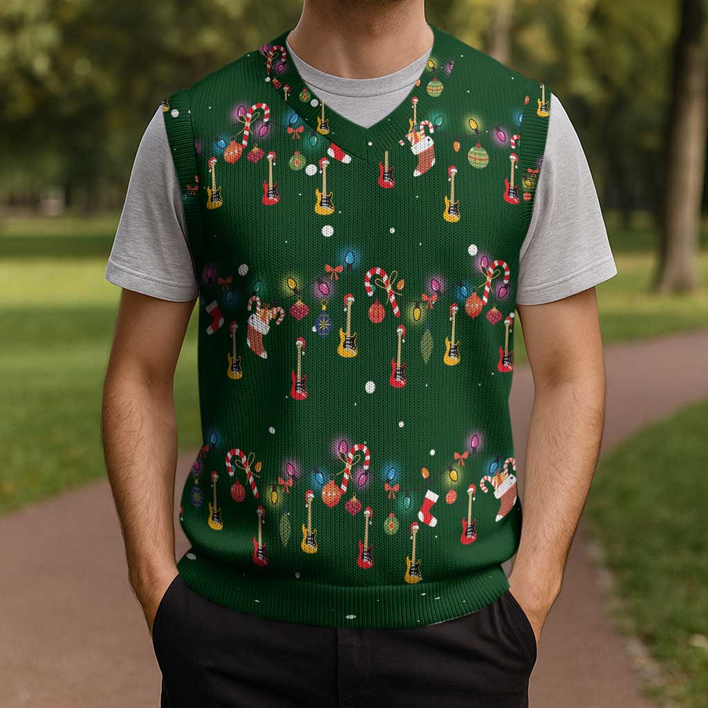 Ornaments on Green Snowy Background Christmas Knitted V-Neck Vest with Electric Guitars Santa Candy Canes - Wonder Print Shop