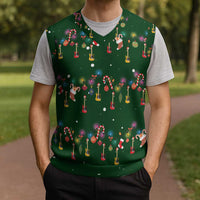 Ornaments on Green Snowy Background Christmas Knitted V-Neck Vest with Electric Guitars Santa Candy Canes - Wonder Print Shop
