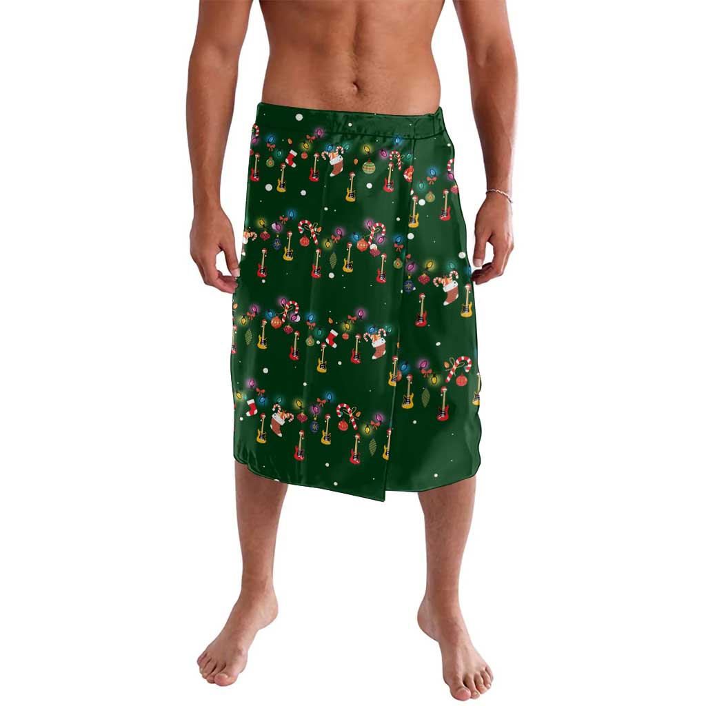 Ornaments on Green Snowy Background Lavalava with Electric Guitars Santa Candy Canes - Wonder Print Shop
