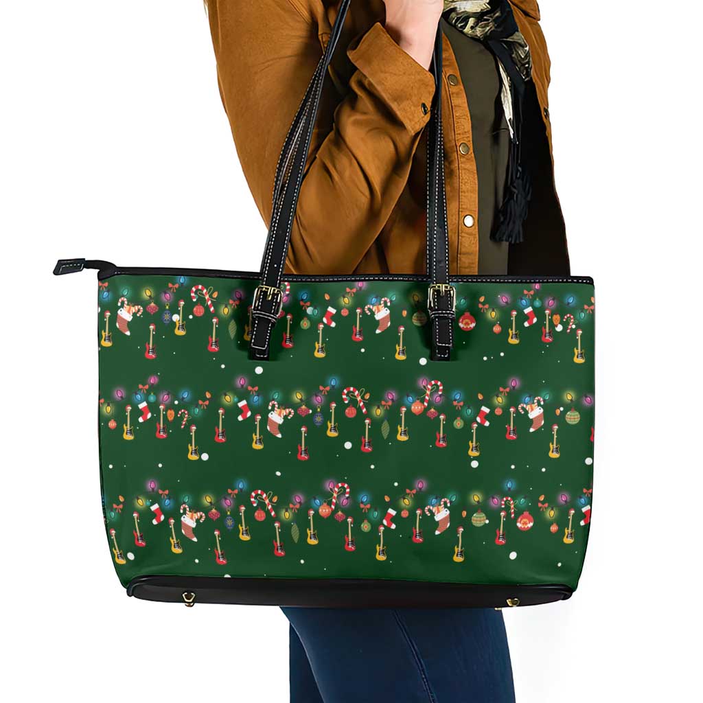 Ornaments on Green Snowy Background Leather Tote Bag with Electric Guitars Santa Candy Canes - Wonder Print Shop