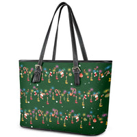 Ornaments on Green Snowy Background Leather Tote Bag with Electric Guitars Santa Candy Canes - Wonder Print Shop