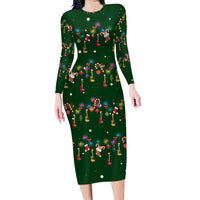 Ornaments on Green Snowy Background Long Sleeve Bodycon Dress with Electric Guitars Santa Candy Canes - Wonder Print Shop