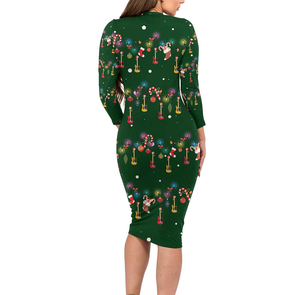 Ornaments on Green Snowy Background Long Sleeve Bodycon Dress with Electric Guitars Santa Candy Canes - Wonder Print Shop