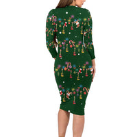 Ornaments on Green Snowy Background Long Sleeve Bodycon Dress with Electric Guitars Santa Candy Canes - Wonder Print Shop