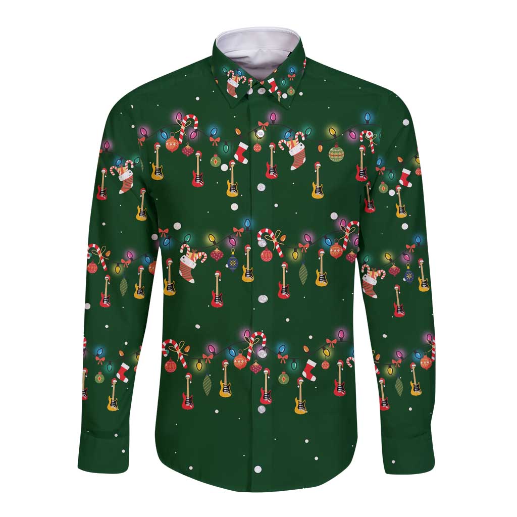 Ornaments on Green Snowy Background Long Sleeve Button Shirt with Electric Guitars Santa Candy Canes - Wonder Print Shop
