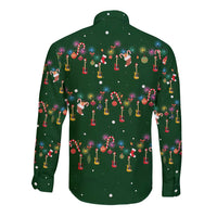Ornaments on Green Snowy Background Long Sleeve Button Shirt with Electric Guitars Santa Candy Canes - Wonder Print Shop