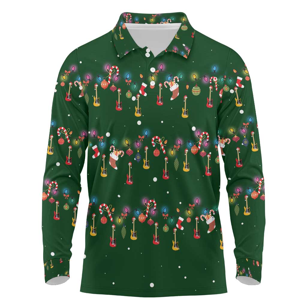 Ornaments on Green Snowy Background Long Sleeve Polo Shirt with Electric Guitars Santa Candy Canes - Wonder Print Shop