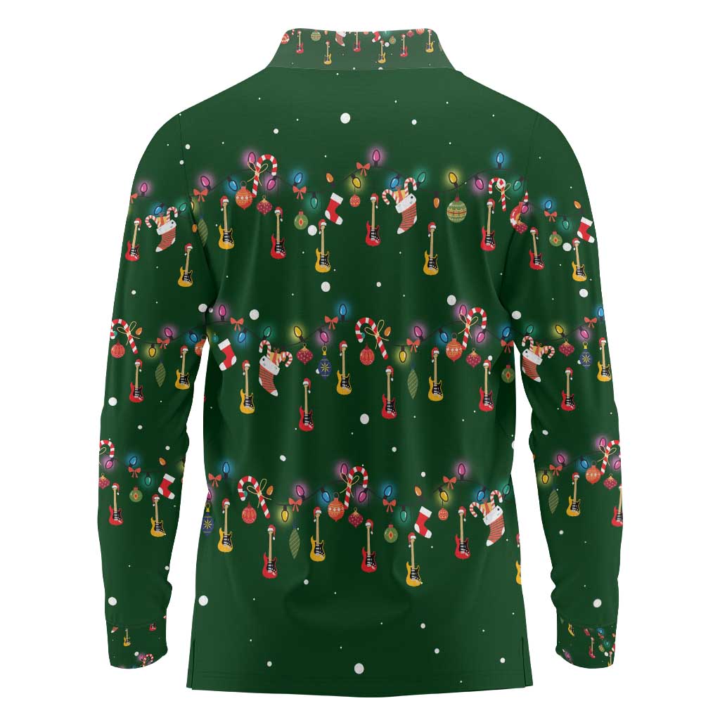 Ornaments on Green Snowy Background Long Sleeve Polo Shirt with Electric Guitars Santa Candy Canes - Wonder Print Shop