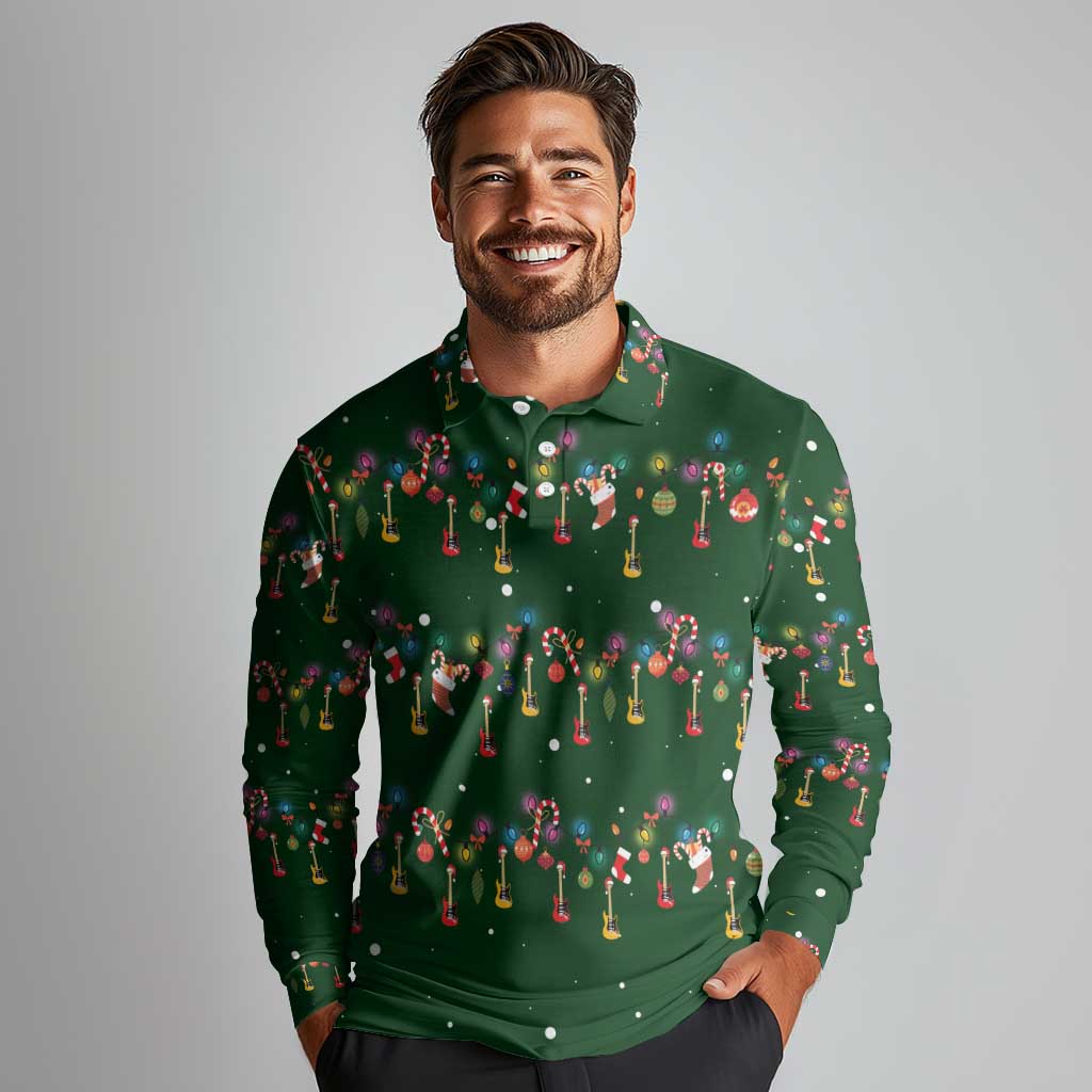 Ornaments on Green Snowy Background Long Sleeve Polo Shirt with Electric Guitars Santa Candy Canes - Wonder Print Shop
