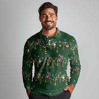Ornaments on Green Snowy Background Long Sleeve Polo Shirt with Electric Guitars Santa Candy Canes - Wonder Print Shop