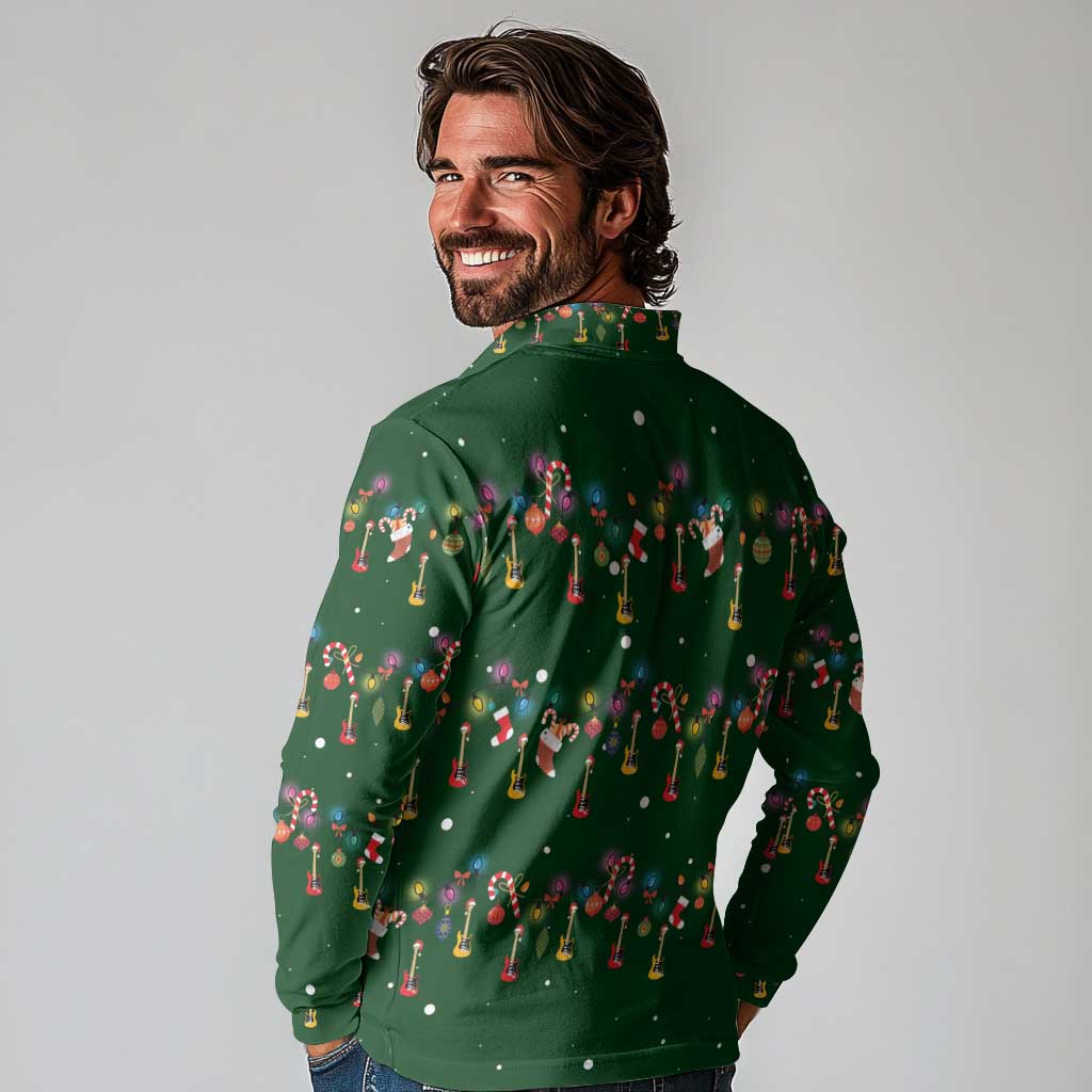 Ornaments on Green Snowy Background Long Sleeve Polo Shirt with Electric Guitars Santa Candy Canes - Wonder Print Shop