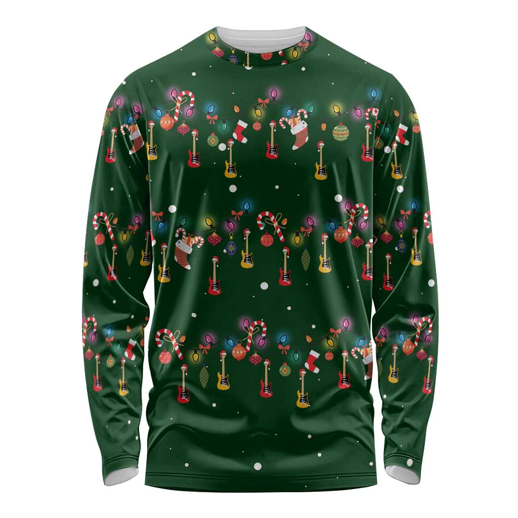 Ornaments on Green Snowy Background Long Sleeve Shirt with Electric Guitars Santa Candy Canes - Wonder Print Shop