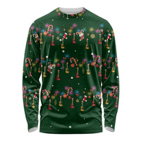 Ornaments on Green Snowy Background Long Sleeve Shirt with Electric Guitars Santa Candy Canes - Wonder Print Shop