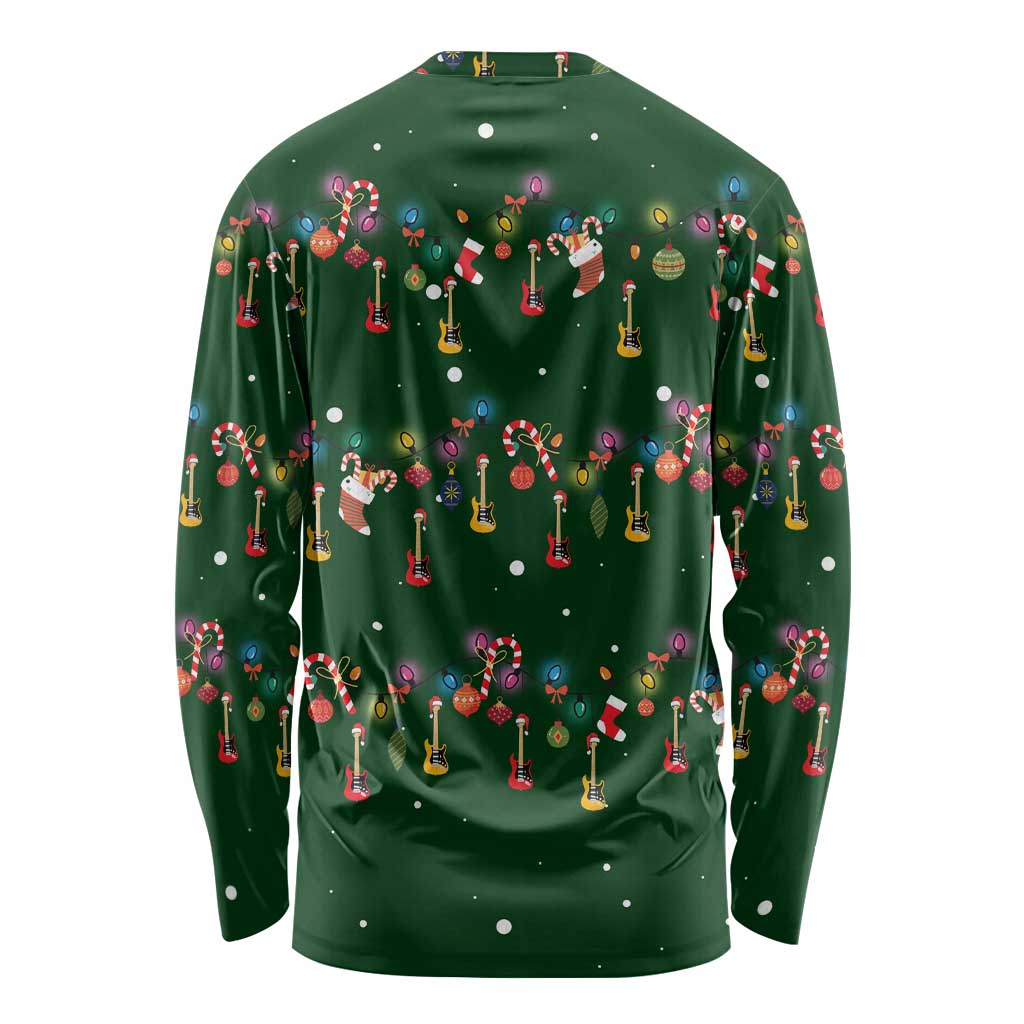 Ornaments on Green Snowy Background Long Sleeve Shirt with Electric Guitars Santa Candy Canes - Wonder Print Shop