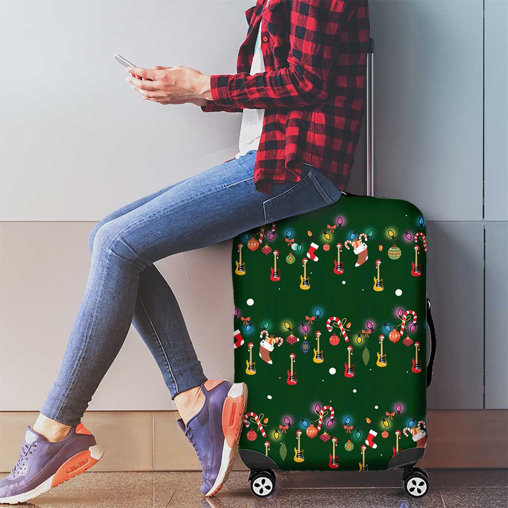 Ornaments on Green Snowy Background Luggage Cover with Electric Guitars Santa Candy Canes - Wonder Print Shop