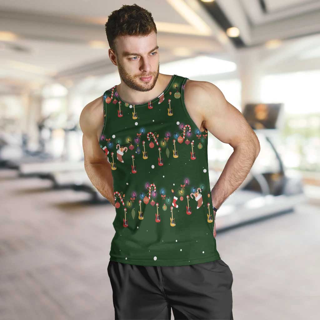 Ornaments on Green Snowy Background Men Tank Top with Electric Guitars Santa Candy Canes - Wonder Print Shop