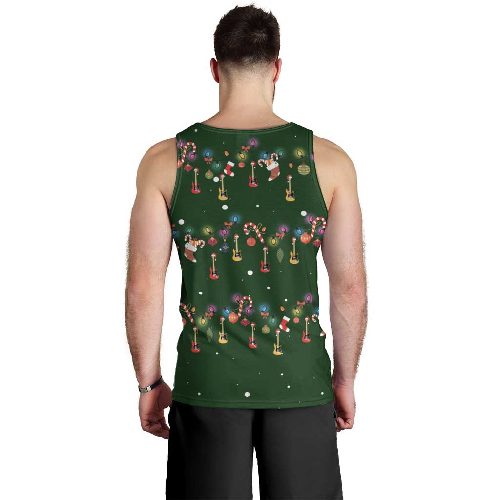 Ornaments on Green Snowy Background Men Tank Top with Electric Guitars Santa Candy Canes - Wonder Print Shop