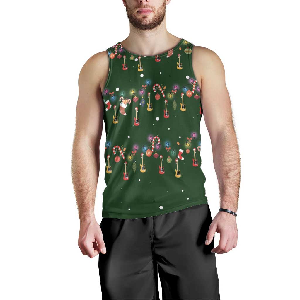 Ornaments on Green Snowy Background Men Tank Top with Electric Guitars Santa Candy Canes - Wonder Print Shop
