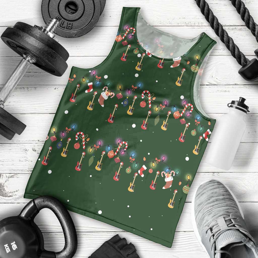 Ornaments on Green Snowy Background Men Tank Top with Electric Guitars Santa Candy Canes - Wonder Print Shop