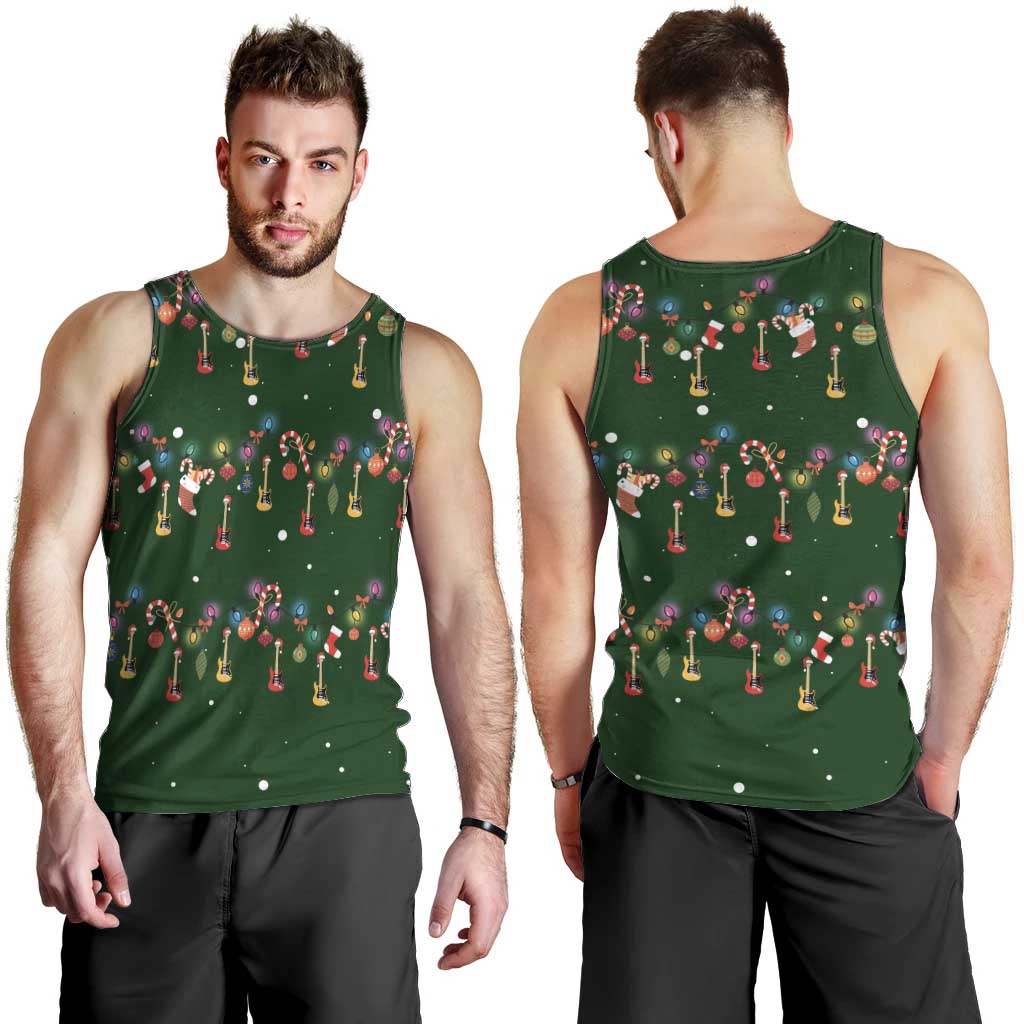 Ornaments on Green Snowy Background Men Tank Top with Electric Guitars Santa Candy Canes - Wonder Print Shop