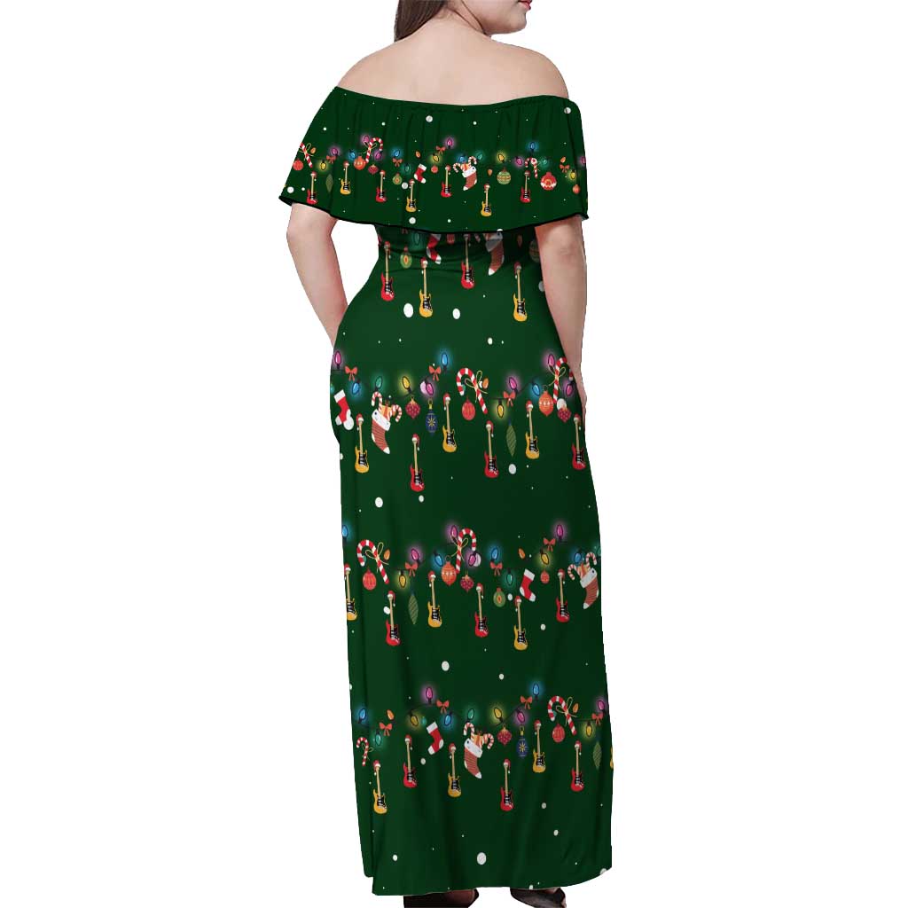 Ornaments on Green Snowy Background Off Shoulder Maxi Dress with Electric Guitars Santa Candy Canes - Wonder Print Shop