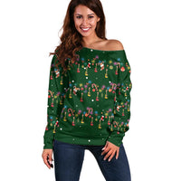 Ornaments on Green Snowy Background Off Shoulder Sweater with Electric Guitars Santa Candy Canes - Wonder Print Shop