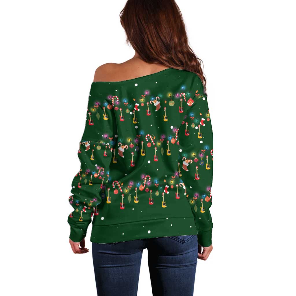Ornaments on Green Snowy Background Off Shoulder Sweater with Electric Guitars Santa Candy Canes - Wonder Print Shop