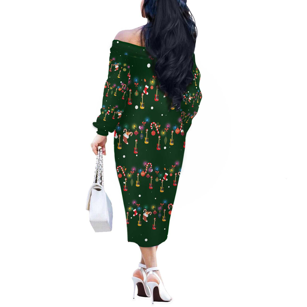 Ornaments on Green Snowy Background Off The Shoulder Long Sleeve Dress with Electric Guitars Santa Candy Canes - Wonder Print Shop