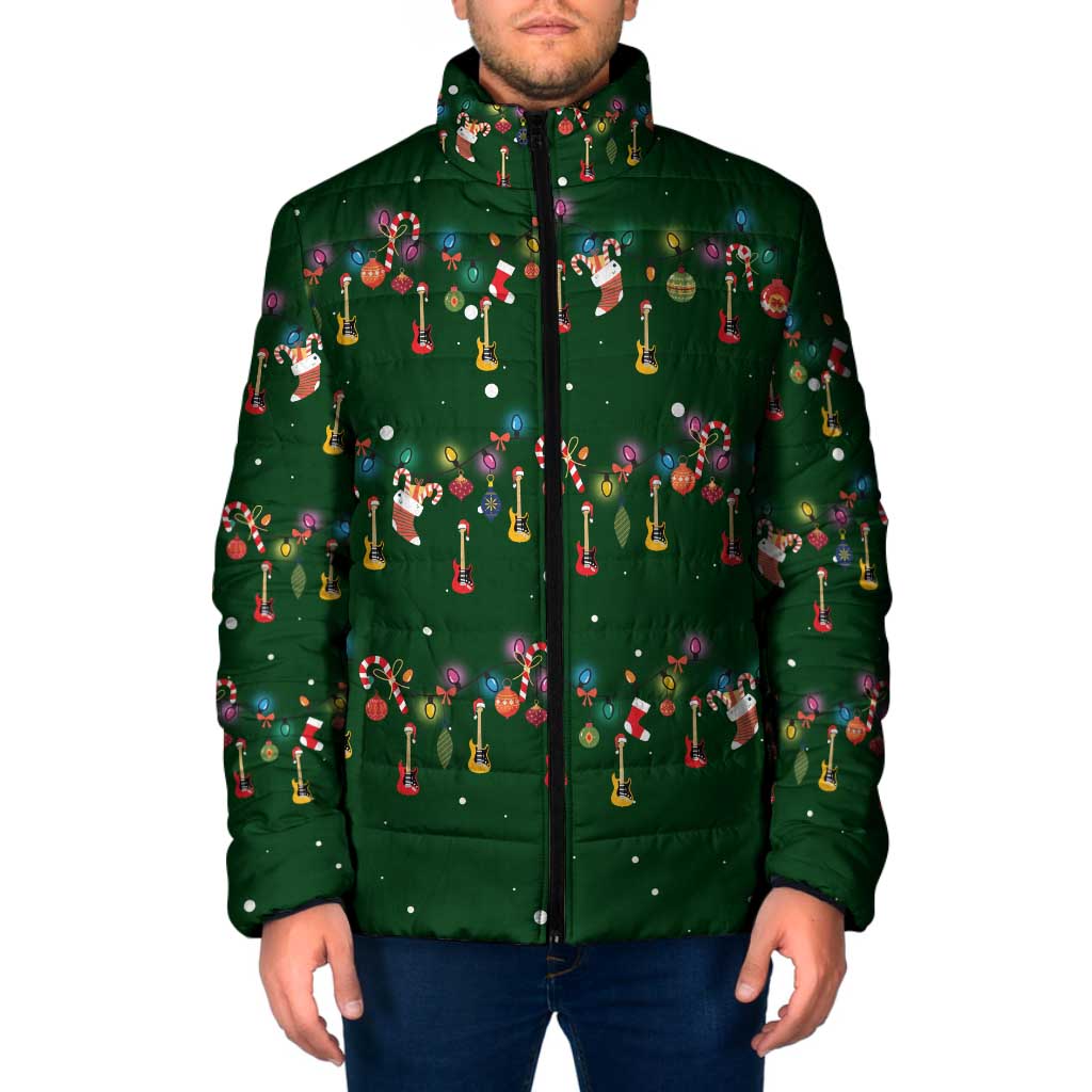 Ornaments on Green Snowy Background Padded Jacket with Electric Guitars Santa Candy Canes - Wonder Print Shop