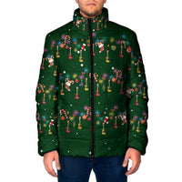 Ornaments on Green Snowy Background Padded Jacket with Electric Guitars Santa Candy Canes - Wonder Print Shop