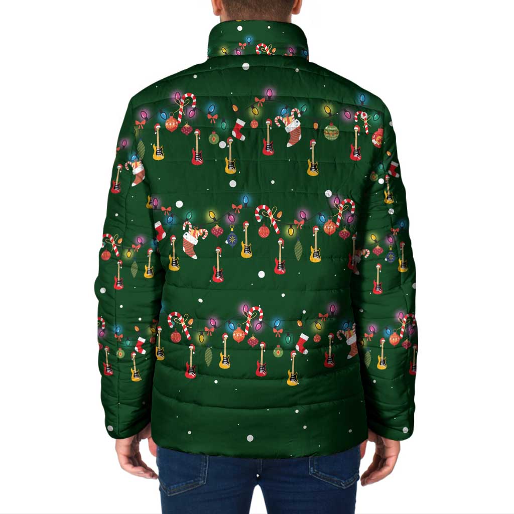 Ornaments on Green Snowy Background Padded Jacket with Electric Guitars Santa Candy Canes - Wonder Print Shop