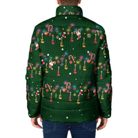 Ornaments on Green Snowy Background Padded Jacket with Electric Guitars Santa Candy Canes - Wonder Print Shop