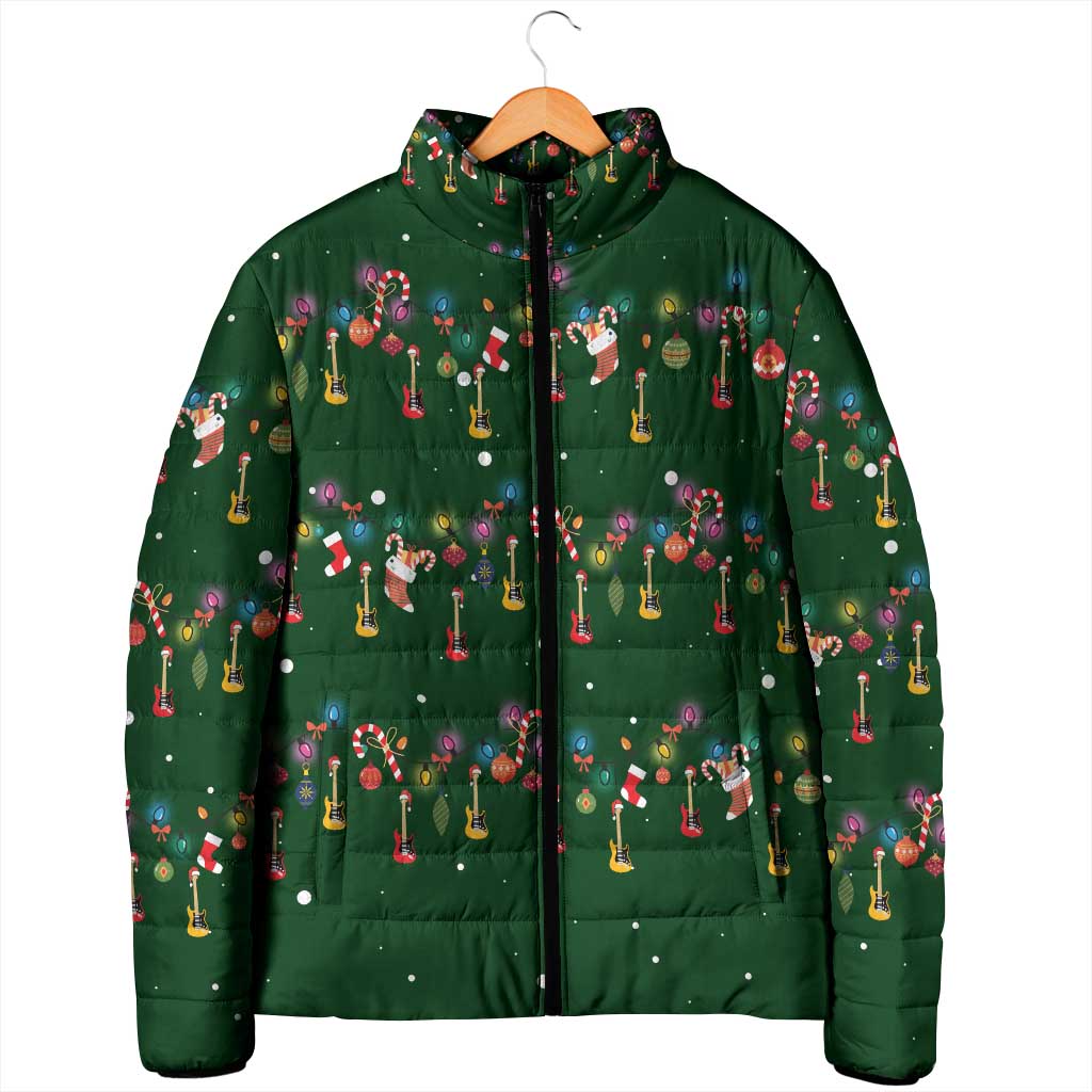 Ornaments on Green Snowy Background Padded Jacket with Electric Guitars Santa Candy Canes - Wonder Print Shop