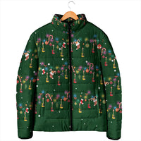 Ornaments on Green Snowy Background Padded Jacket with Electric Guitars Santa Candy Canes - Wonder Print Shop