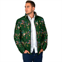 Ornaments on Green Snowy Background Padded Jacket with Electric Guitars Santa Candy Canes - Wonder Print Shop