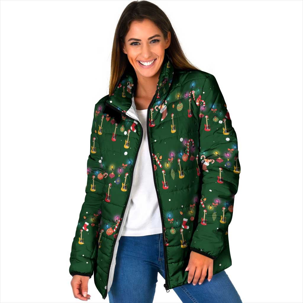 Ornaments on Green Snowy Background Padded Jacket with Electric Guitars Santa Candy Canes - Wonder Print Shop