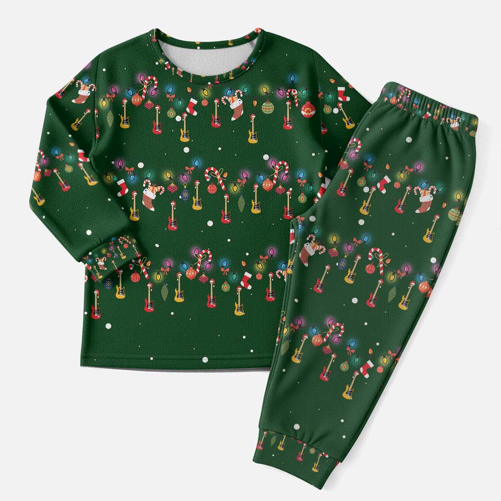 Ornaments on Green Snowy Background Christmas Pajama Set with Electric Guitars Santa Candy Canes - Wonder Print Shop
