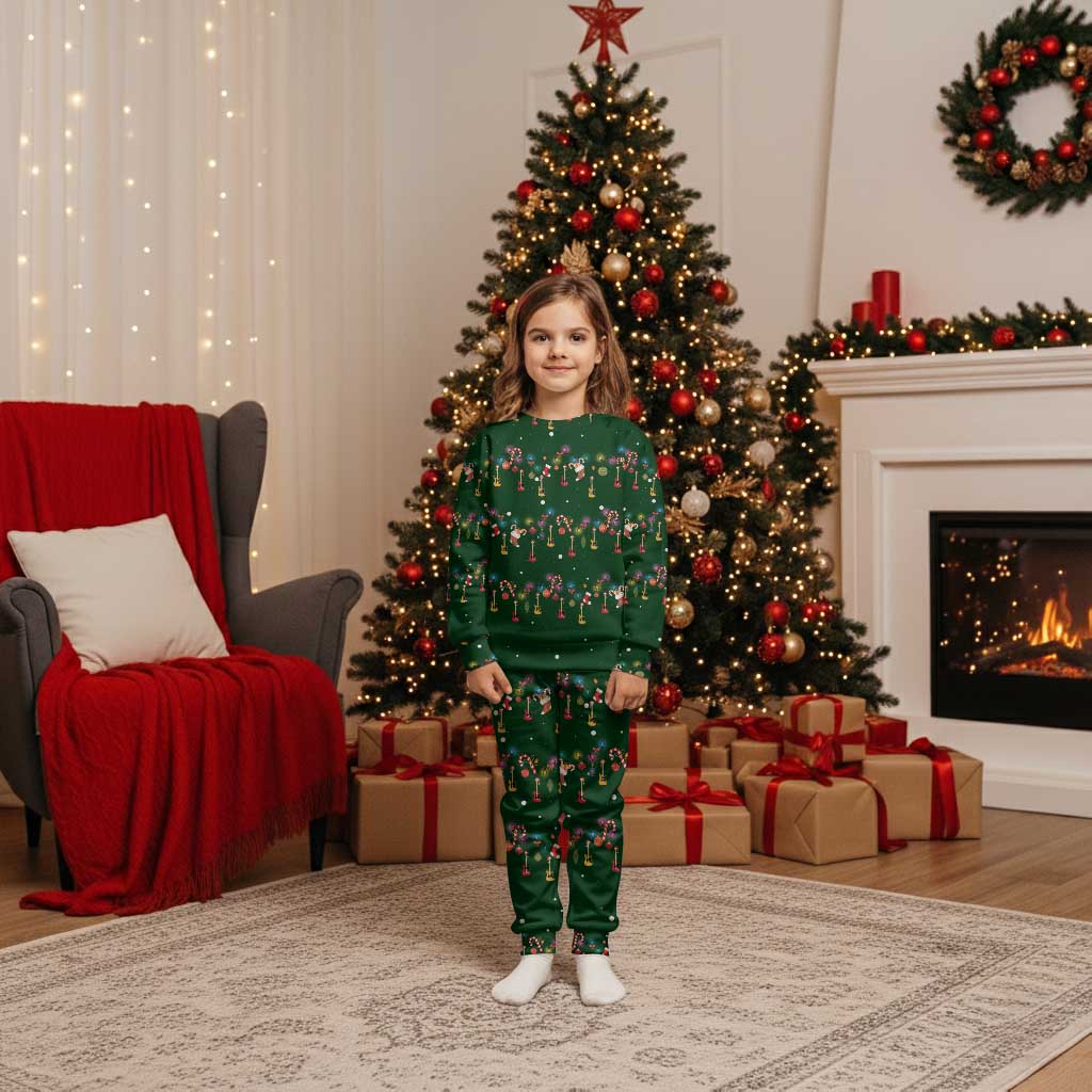 Ornaments on Green Snowy Background Christmas Pajama Set with Electric Guitars Santa Candy Canes - Wonder Print Shop
