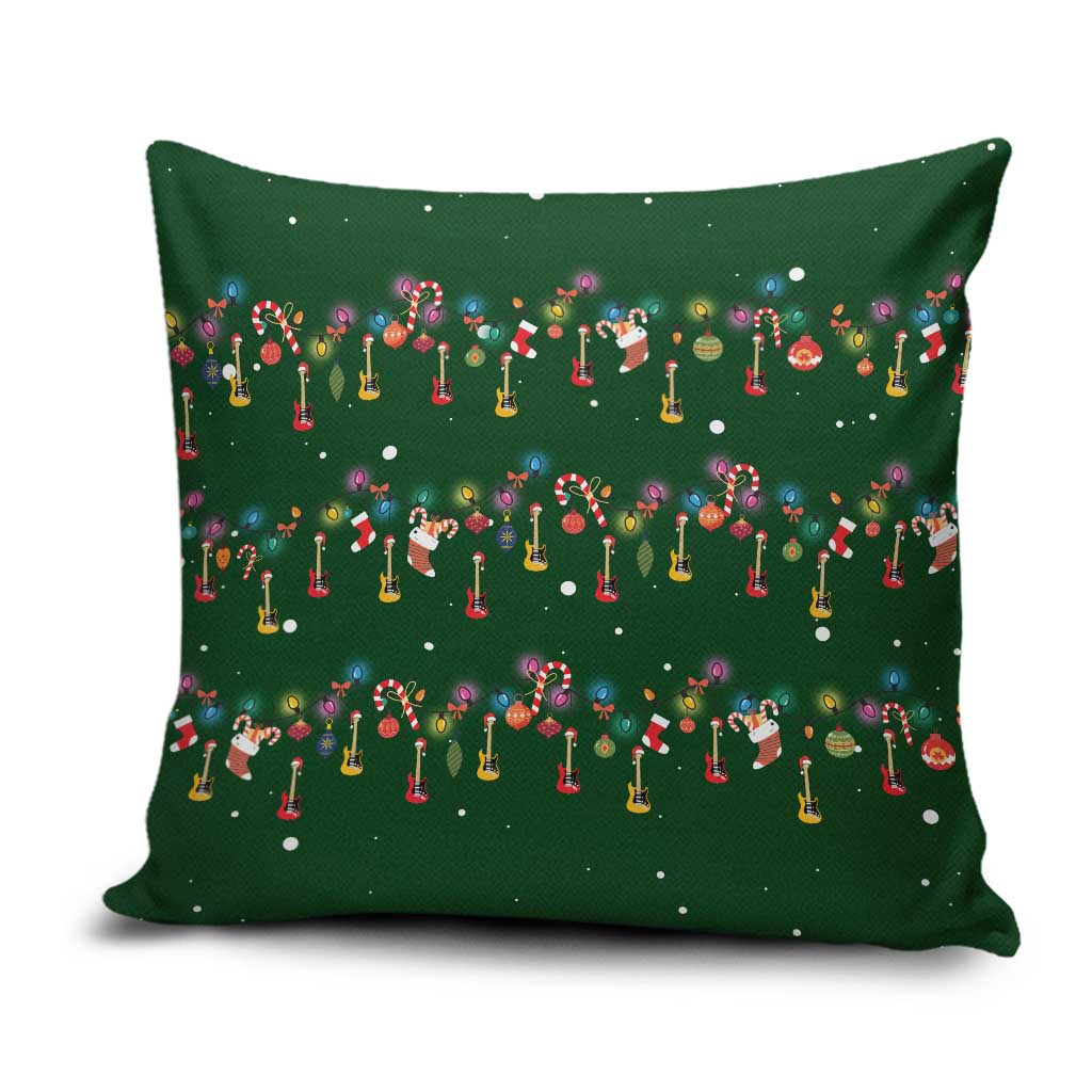 Ornaments on Green Snowy Background Pillow Cover with Electric Guitars Santa Candy Canes - Wonder Print Shop