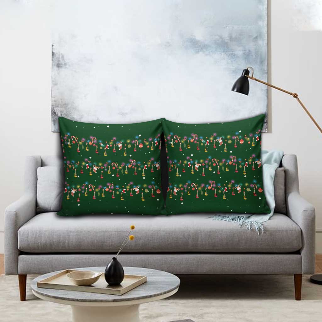 Ornaments on Green Snowy Background Pillow Cover with Electric Guitars Santa Candy Canes - Wonder Print Shop
