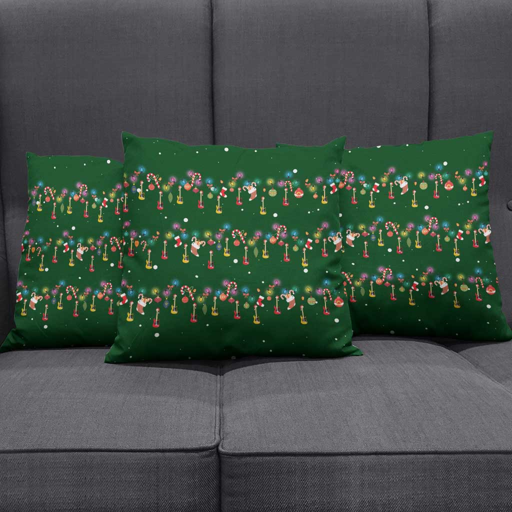 Ornaments on Green Snowy Background Pillow Cover with Electric Guitars Santa Candy Canes - Wonder Print Shop