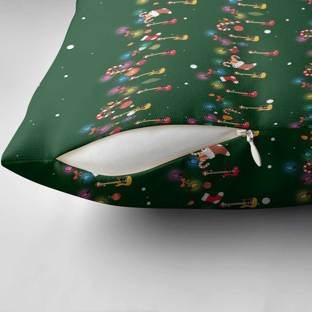 Ornaments on Green Snowy Background Pillow Cover with Electric Guitars Santa Candy Canes - Wonder Print Shop