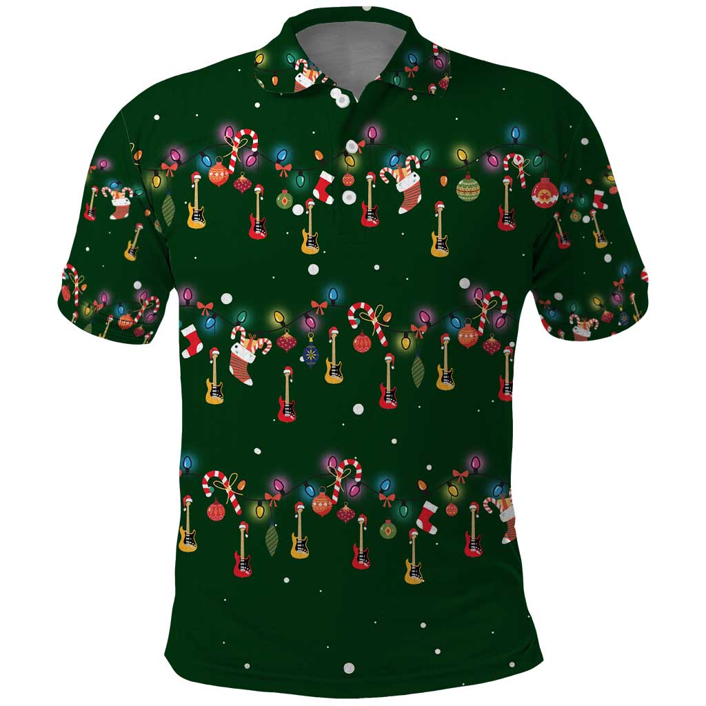 Ornaments on Green Snowy Background Polo Shirt with Electric Guitars Santa Candy Canes - Wonder Print Shop