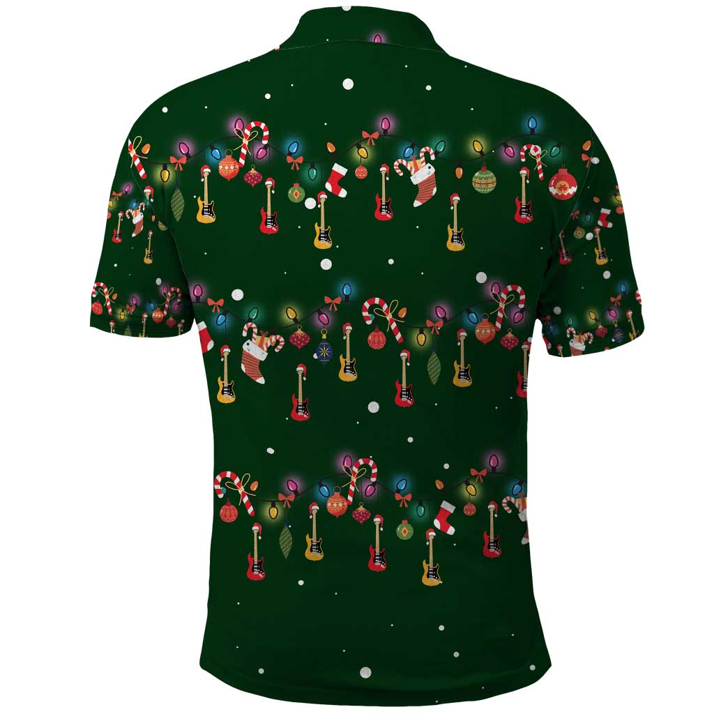 Ornaments on Green Snowy Background Polo Shirt with Electric Guitars Santa Candy Canes - Wonder Print Shop