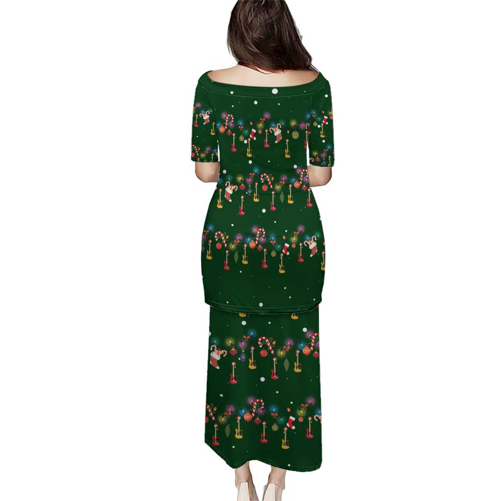 Ornaments on Green Snowy Background Puletasi with Electric Guitars Santa Candy Canes - Wonder Print Shop