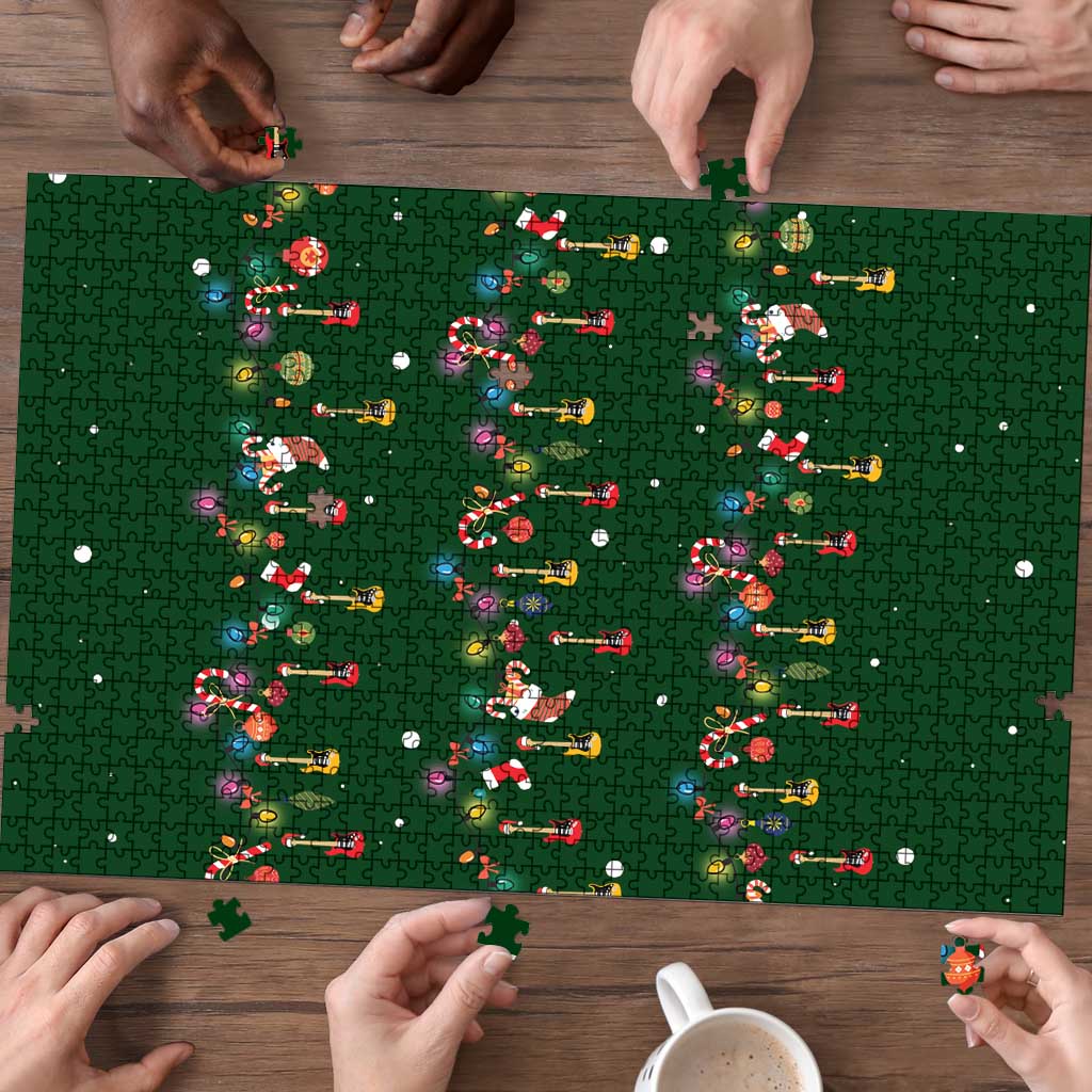 Ornaments on Green Snowy Background Puzzle with Electric Guitars Santa Candy Canes - Wonder Print Shop